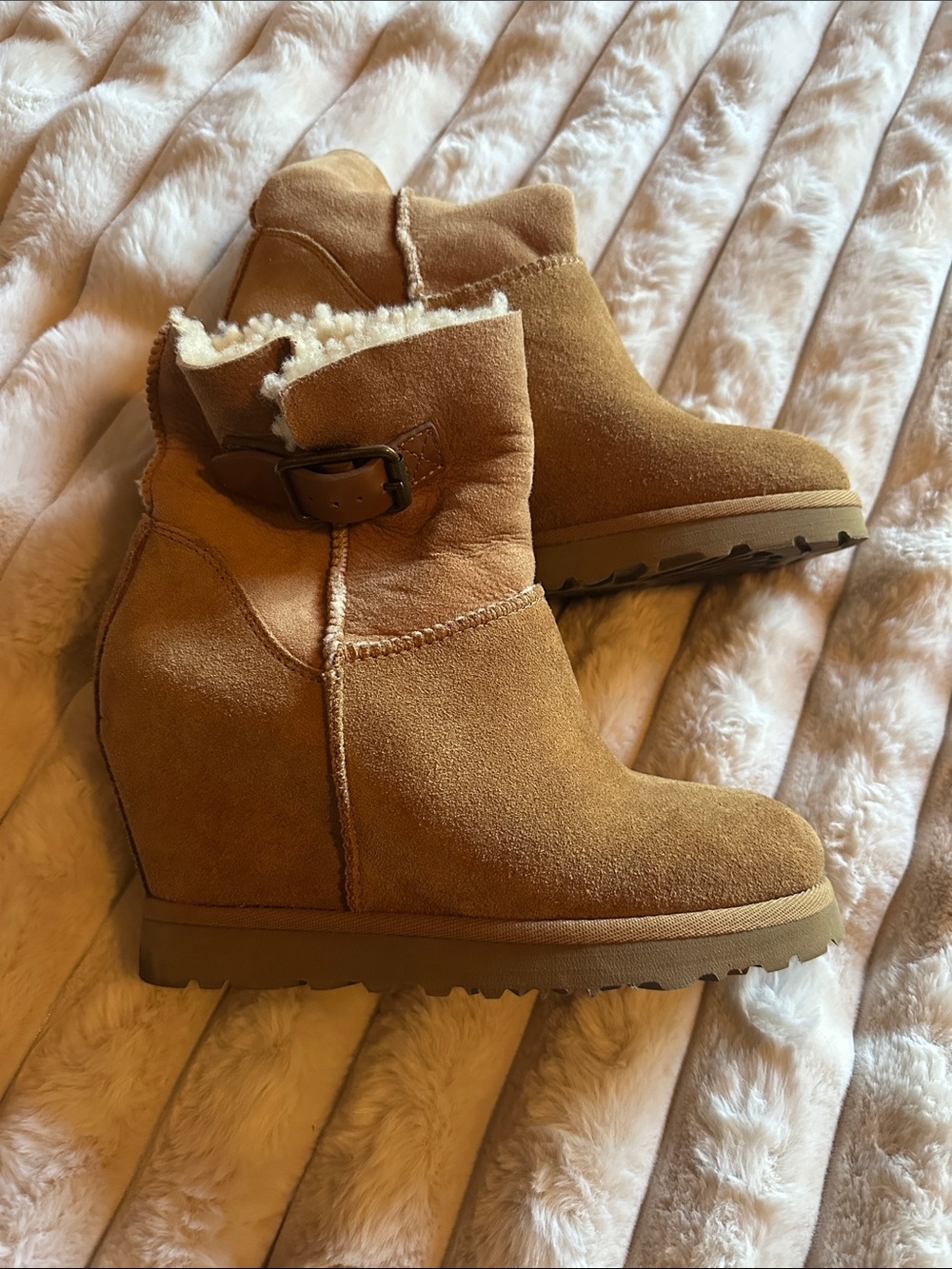 Ash Tan Suede Wedge Ankle Boots with Shearling Trim